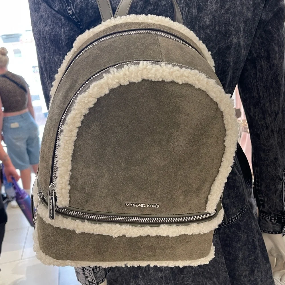MICHAEL KORS Rhea Medium Suede and Faux Shearling Backpack Olive NWT